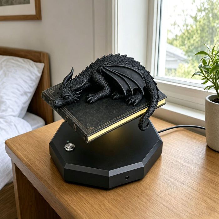 Magnetic levitating dragon lamp floating above its wooden base, glowing warm white