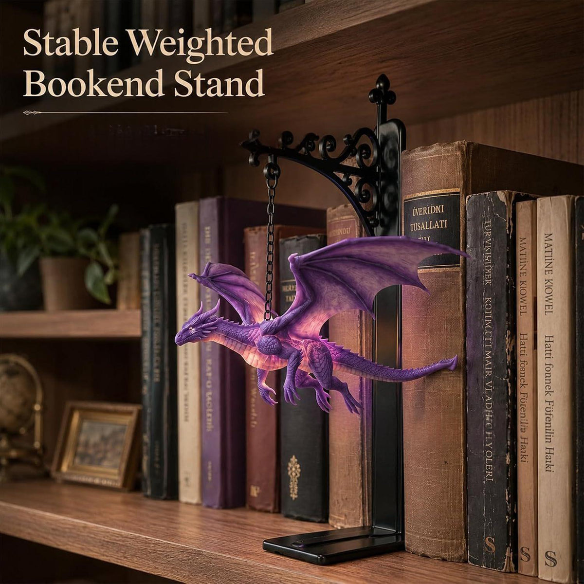 Floating dragon bookend holding books upright on a bookshelf