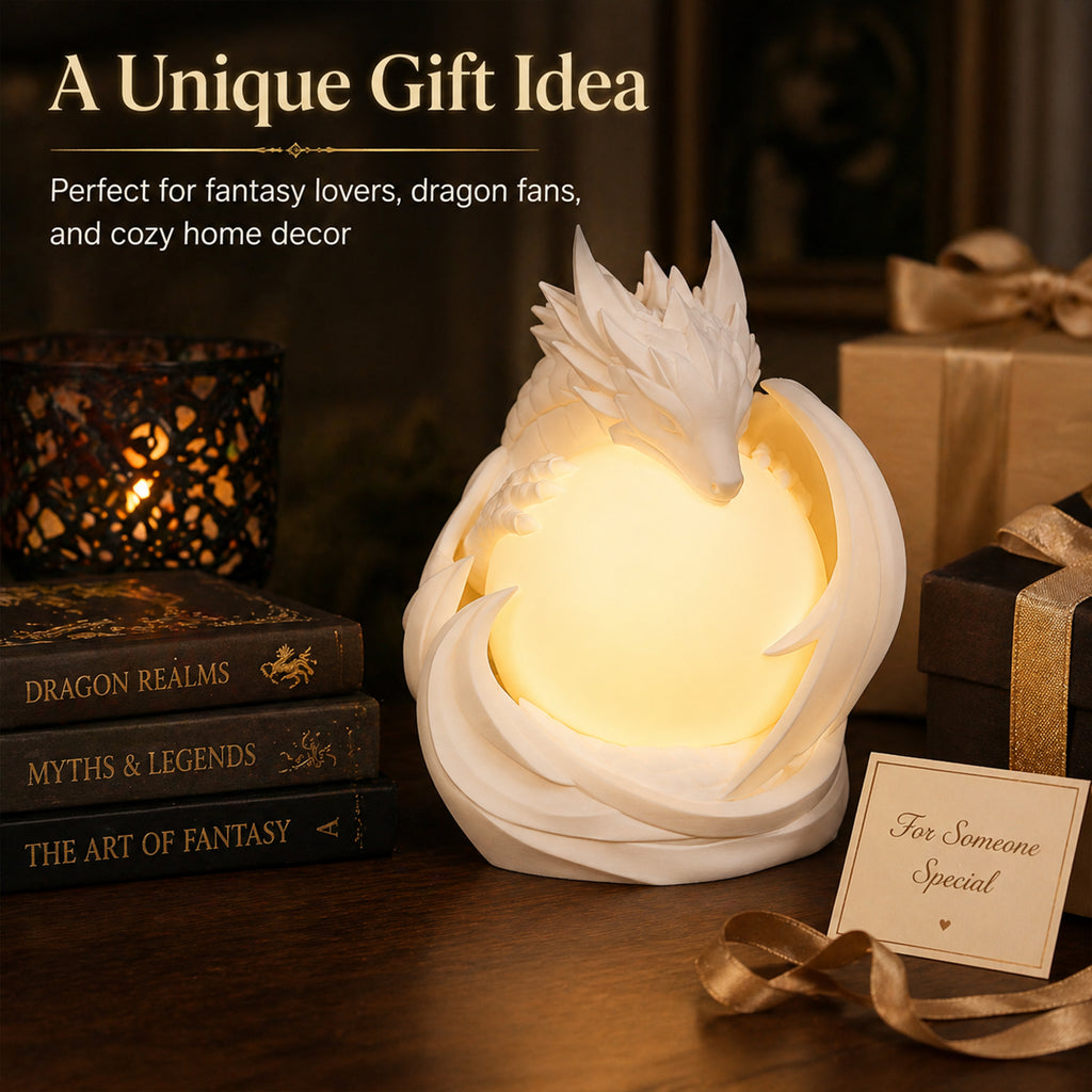 3D printed dragon table lamp with a matte white dragon curled around a warm glowing orb