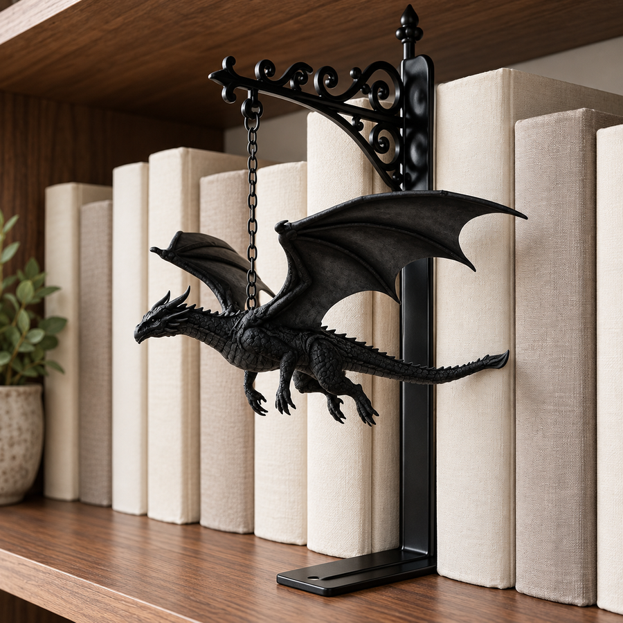 Black dragon bookend suspended from its chain beside ivory books