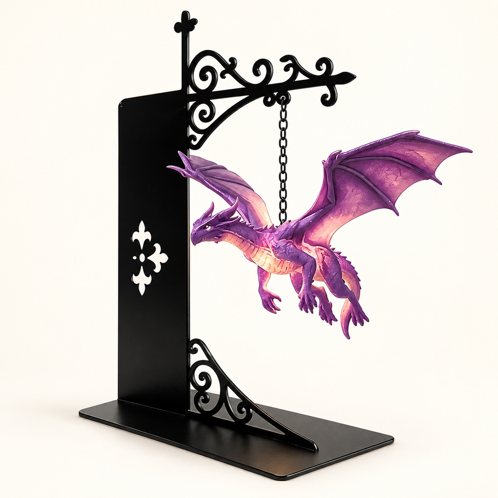 Complete purple dragon bookend showing the hanging chain, decorative bracket and flat base