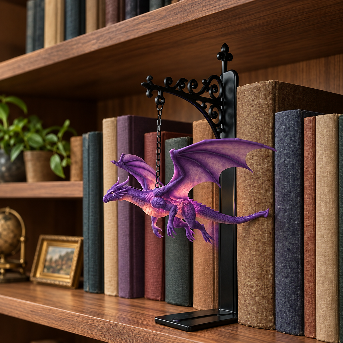 Purple dragon hanging from an ornate bookend stand on a walnut bookshelf