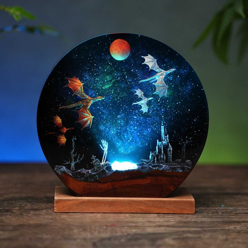 Ice and fire dragon resin lamp with an LED-lit dragon-and-castle scene on a wooden base
