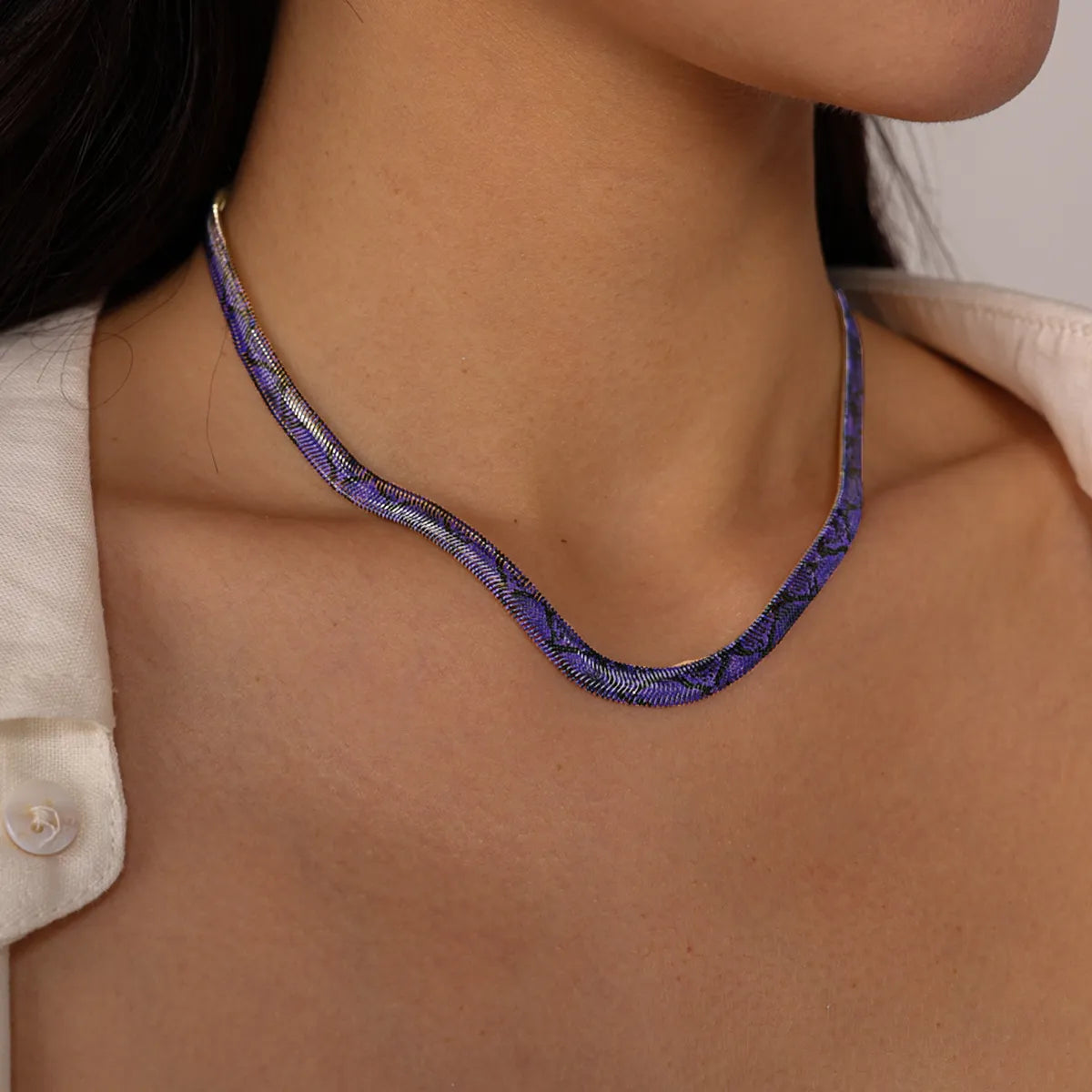 Midnight Blue serpent necklace, worn